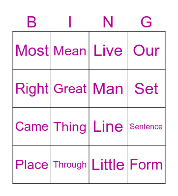 Sight Word Bingo Card