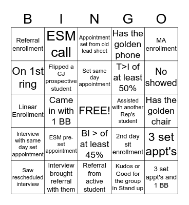 Admissions Bingo  Bingo Card