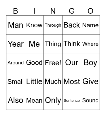 Sight Word Bingo Card