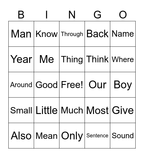 Sight Word Bingo Card