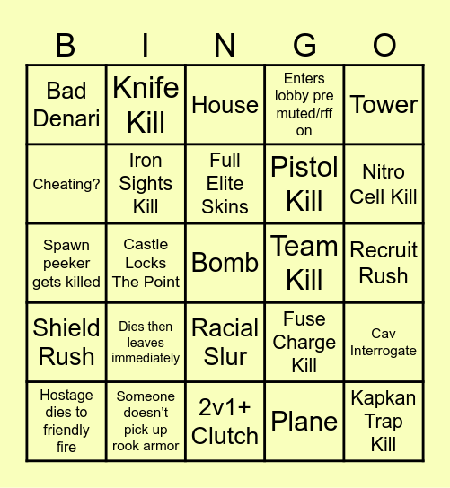 Quic Play Siege Bingo Card