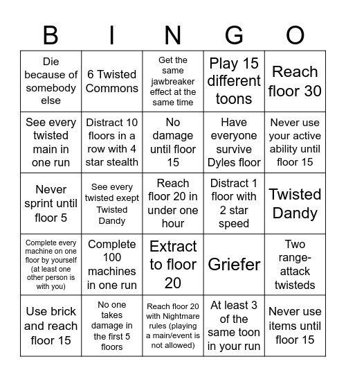 Dandy's World Bingo Card