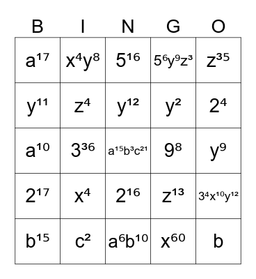 Exponent Law Bingo Card