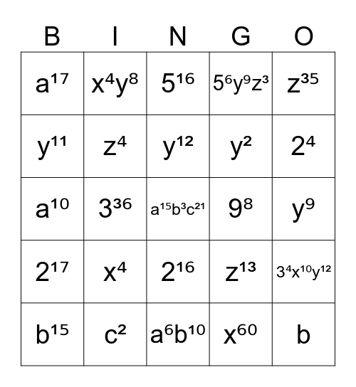Exponent Law Bingo Card