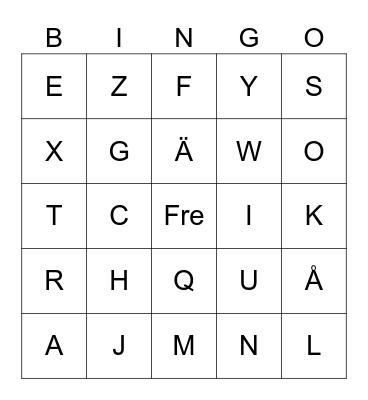 Swedish Alphabet Bingo Card