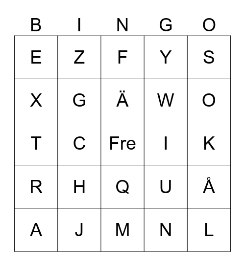Swedish Alphabet Bingo Card