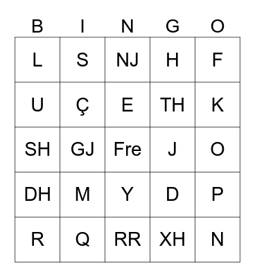 Albanian Alphabet Bingo Card
