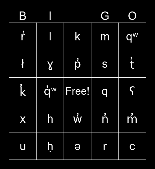 Okanagan Alphabet Bingo Card