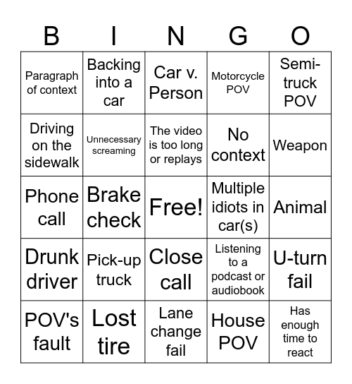 Imbeciles in Automobiles Bingo Card