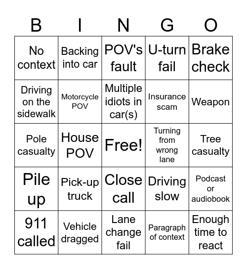 Imbeciles in Automobiles Bingo Card