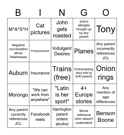 Crossover Lunch Bingo Card