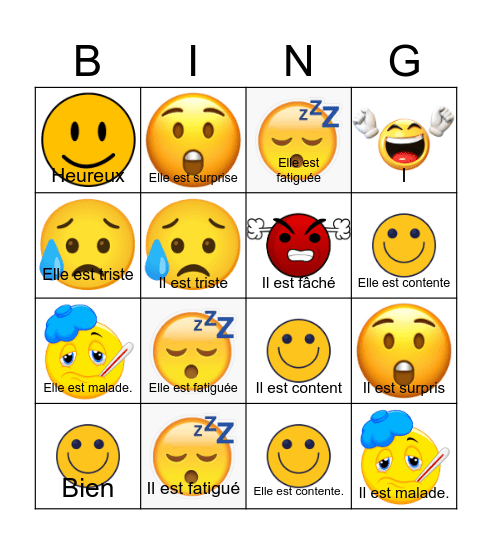 Les émotions Bingo Card