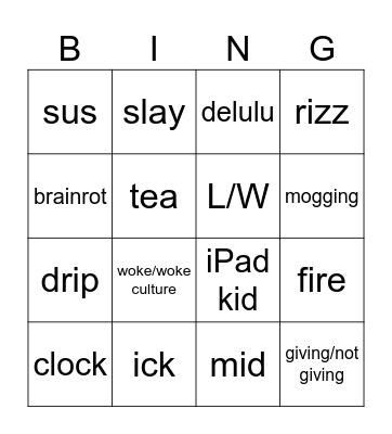 Is your slang giving? Bingo Card
