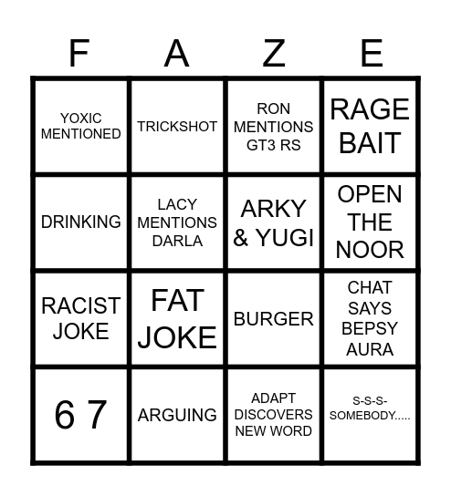 FAZE SUBATHON 2 Bingo Card
