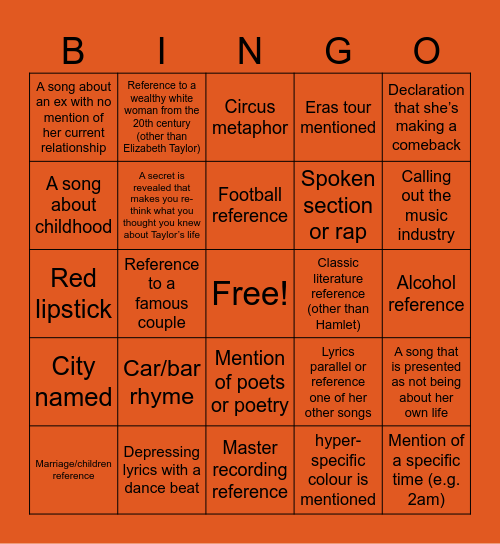 The Life of a Showgirl Bingo Card