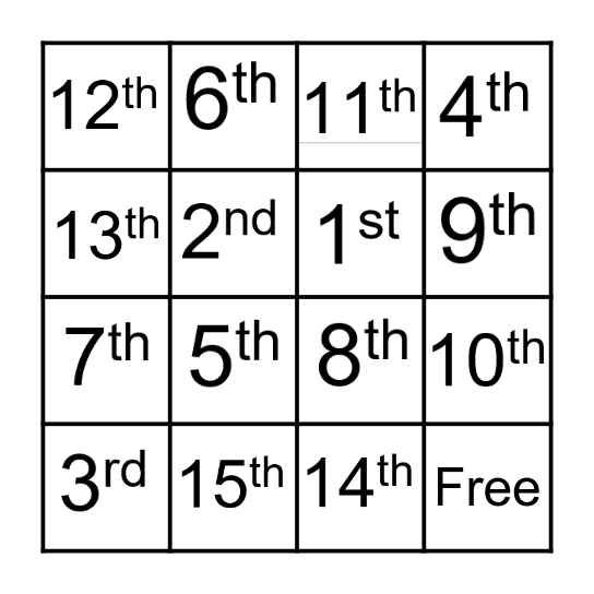 Numbers/Ordinal Numbers Bingo Card