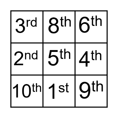 Numbers/Ordinal Numbers Bingo Card