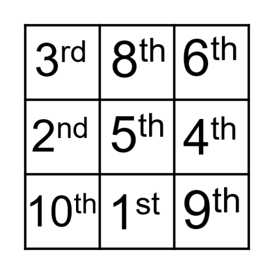 Numbers/Ordinal Numbers Bingo Card