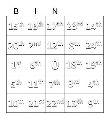 ILP (Grade 1) - Ordinal Numbers Bingo Card