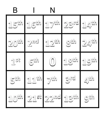 ILP (Grade 1) - Ordinal Numbers Bingo Card