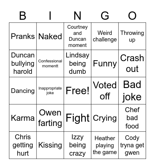 Total drama island Bingo Card