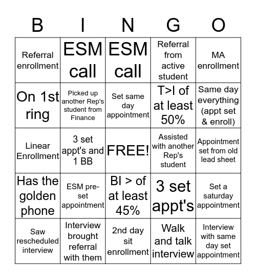 Admissions Bingo  Bingo Card
