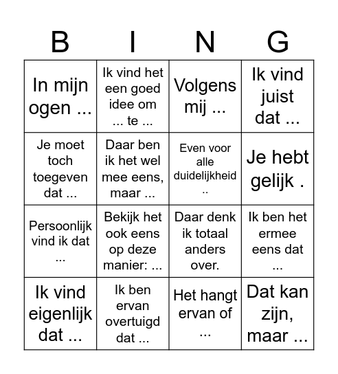 Discussiestructuren Bingo Card