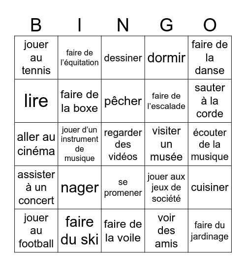 Les loisirs Bingo Card