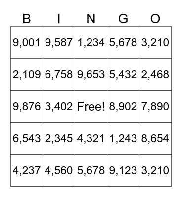 Place Value Bingo Card