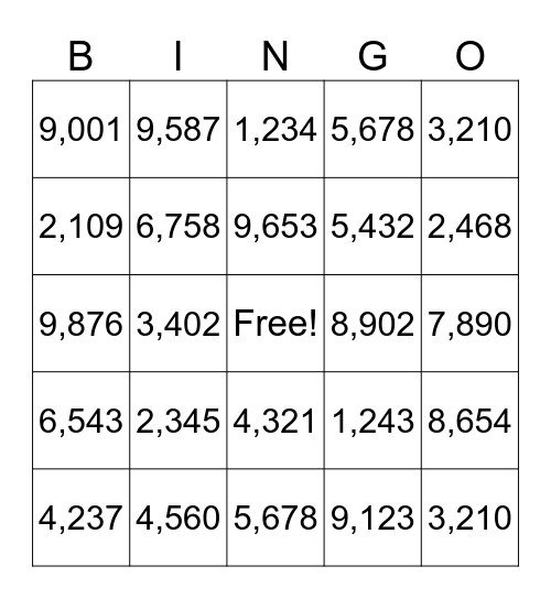 Place Value Bingo Card