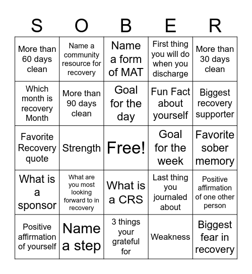 Recovery Bingo Card