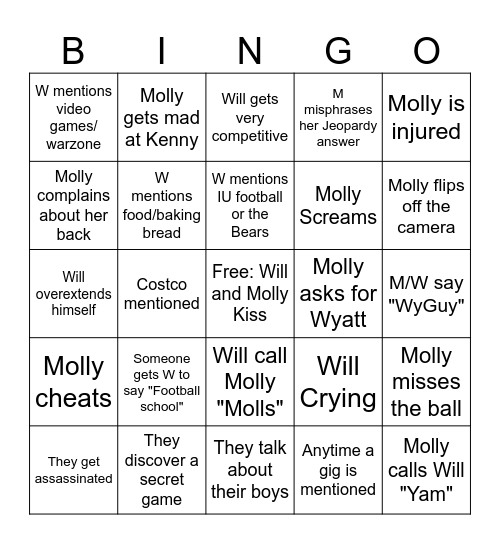 Will and Molly Bingo Card