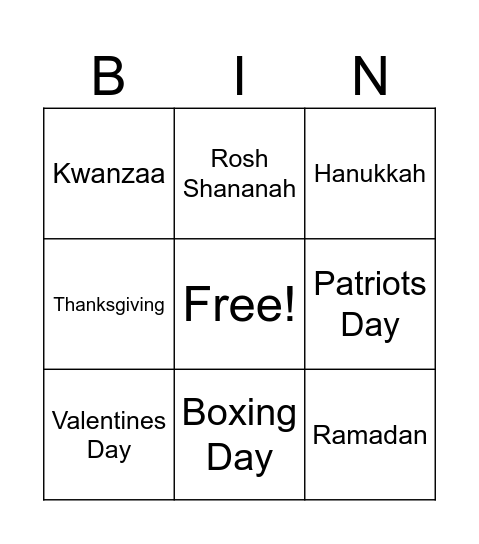 Holidays Bingo Card