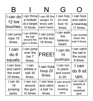 Fitness Bingo Card