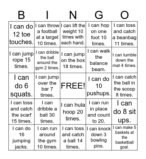 Fitness Bingo Card