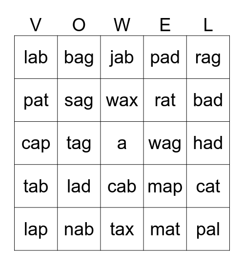 cvc - short a Bingo Card