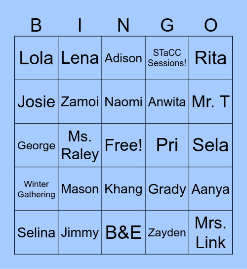 B&E Bingo! Bingo Card