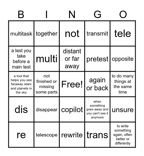 Prefixes Bingo Card
