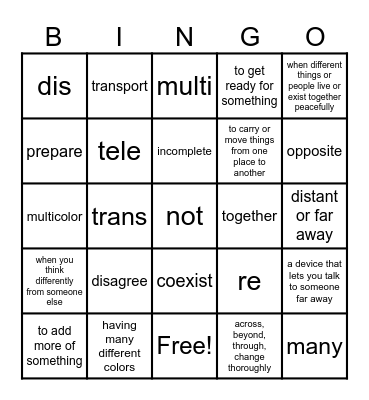 Prefixes Bingo Card