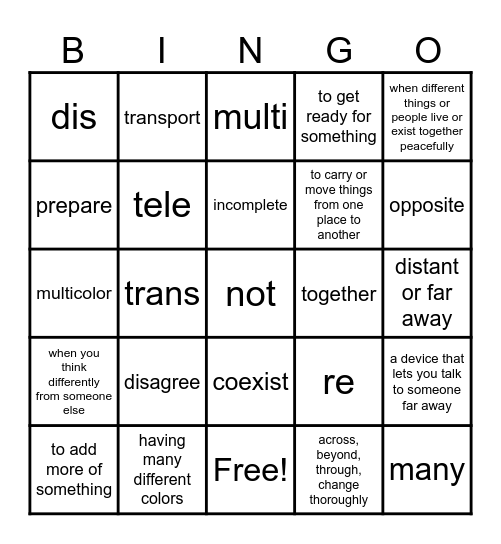 Prefixes Bingo Card