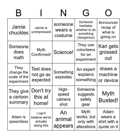 Mythbusters BINGO Card