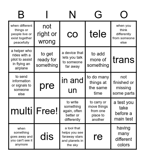 Prefixes Bingo Card