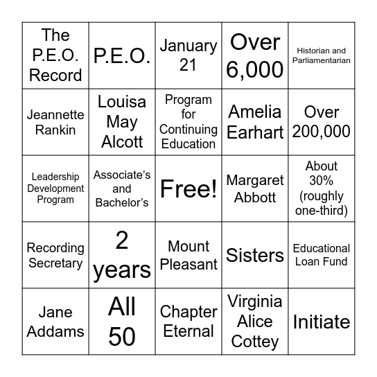 P.E.O. Bingo Card