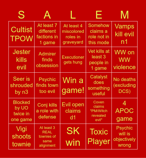 Town of Salem TAA Bingo Card