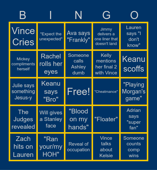 BB 27 Finale: Just End The Season Already Bingo Card