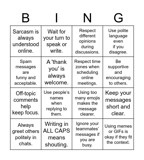 NETIQUETTE BINGO Card