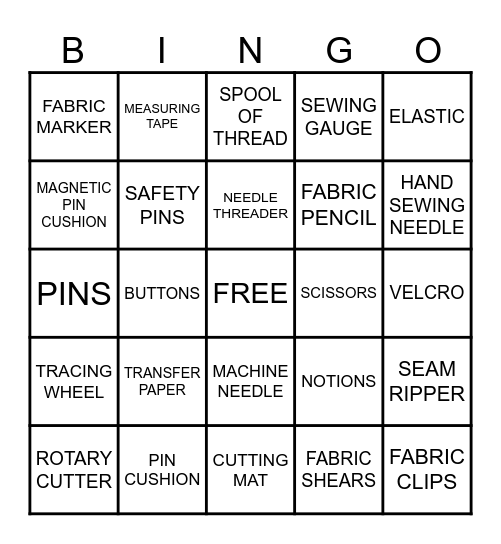 SEWING TOOLS Bingo Card