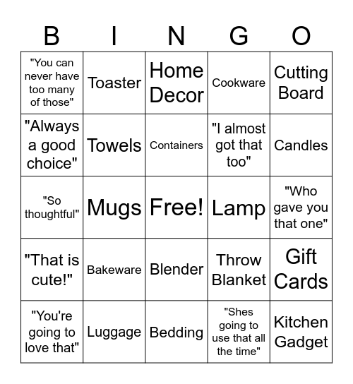 Shower Bingo Card
