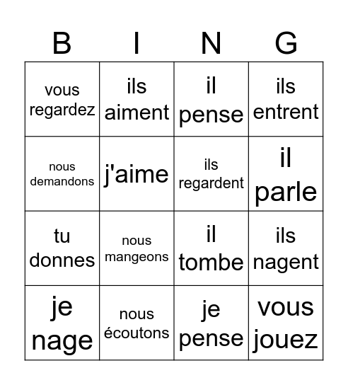 Les verbes en -er au présent Bingo Card