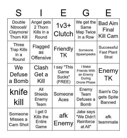rainbow six siege Bingo Card